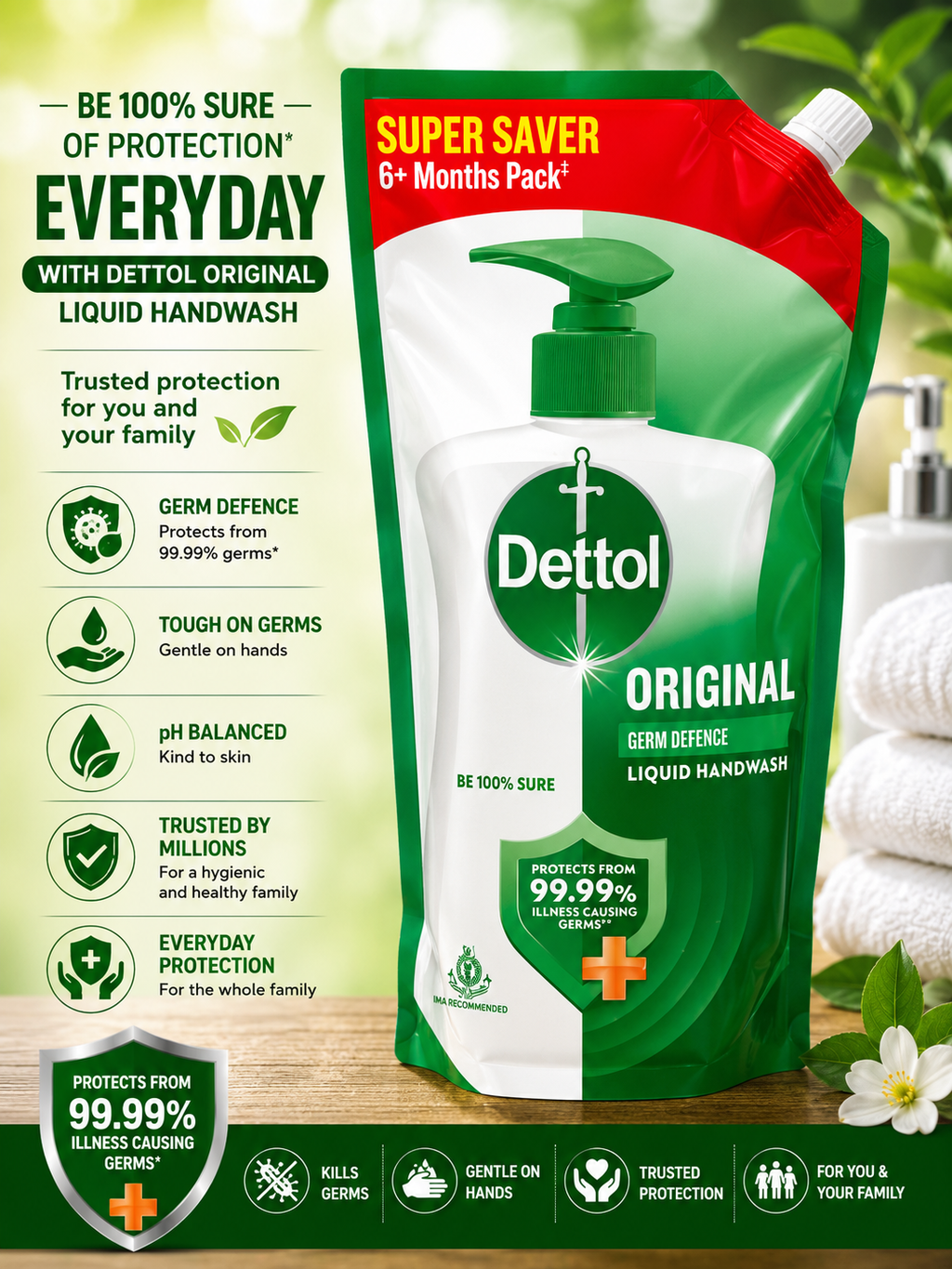 Dettol Original Liquid Handwash Germ Defence Refill Pouch - 675ml