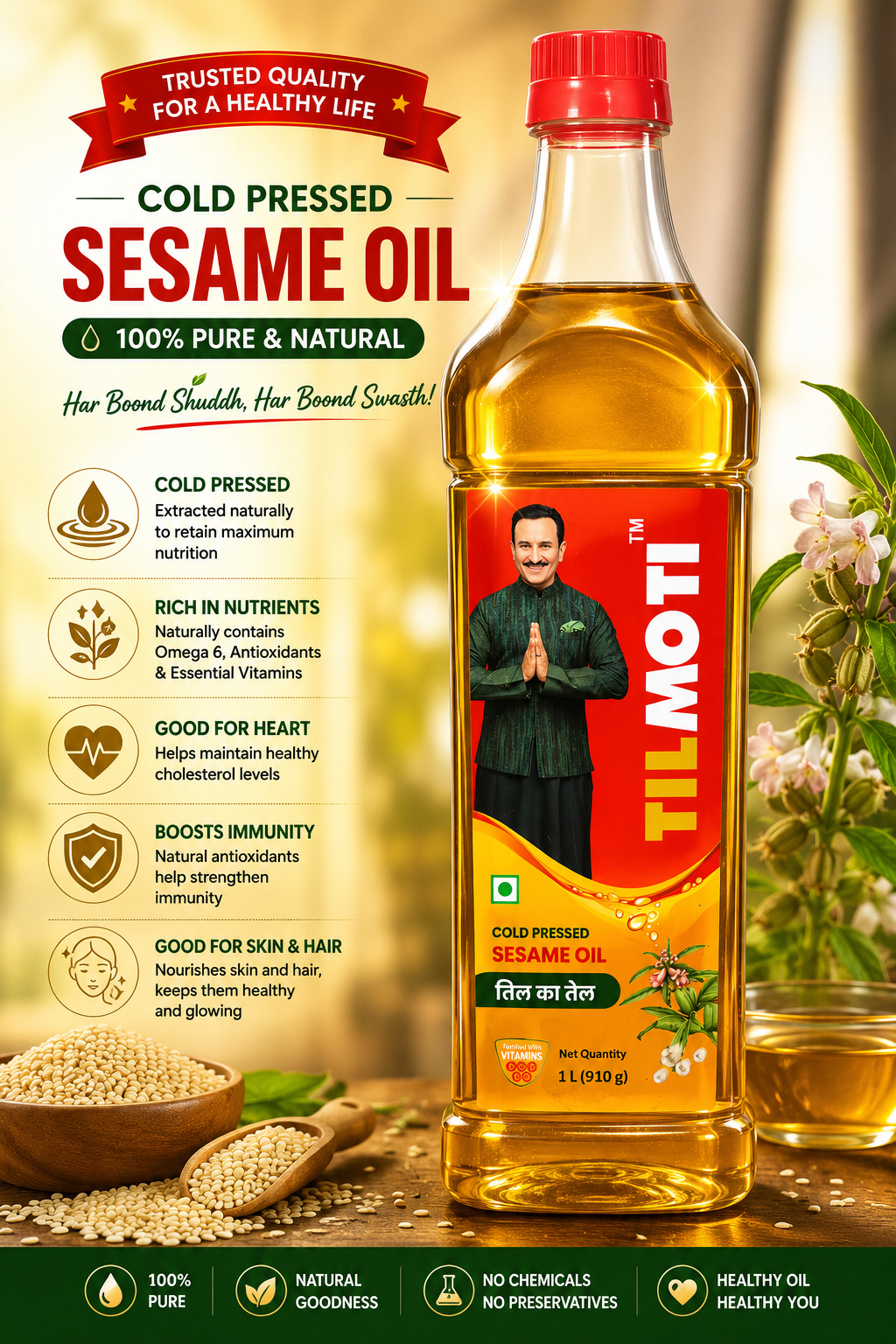 Tilmoti Cold Pressed Sesame Oil 1 Litre - Fortified with Vitamin A & D