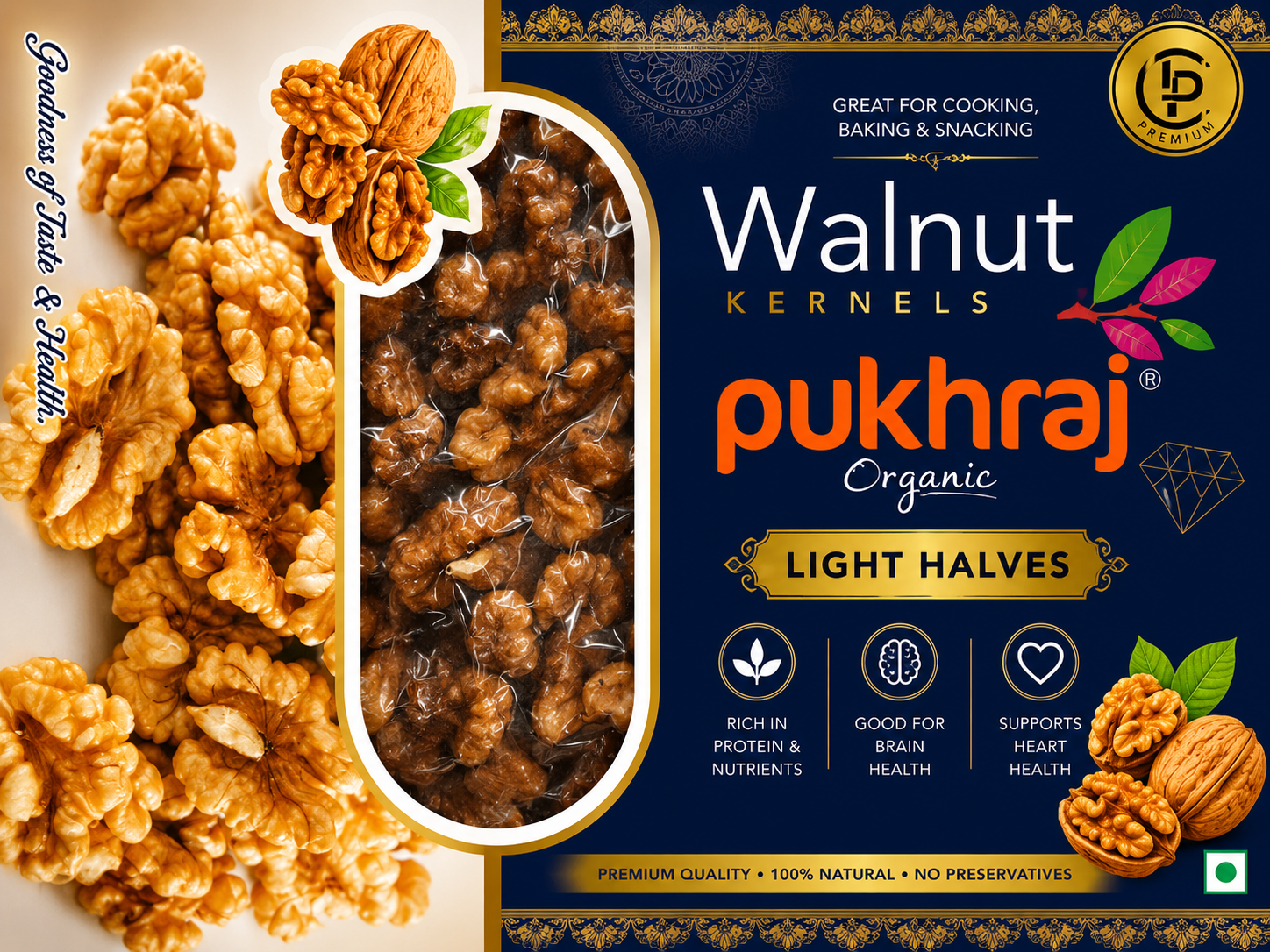 Pukhraj Organic Akhrot Giri Walnut Kernels Light Halves 250g Code5001