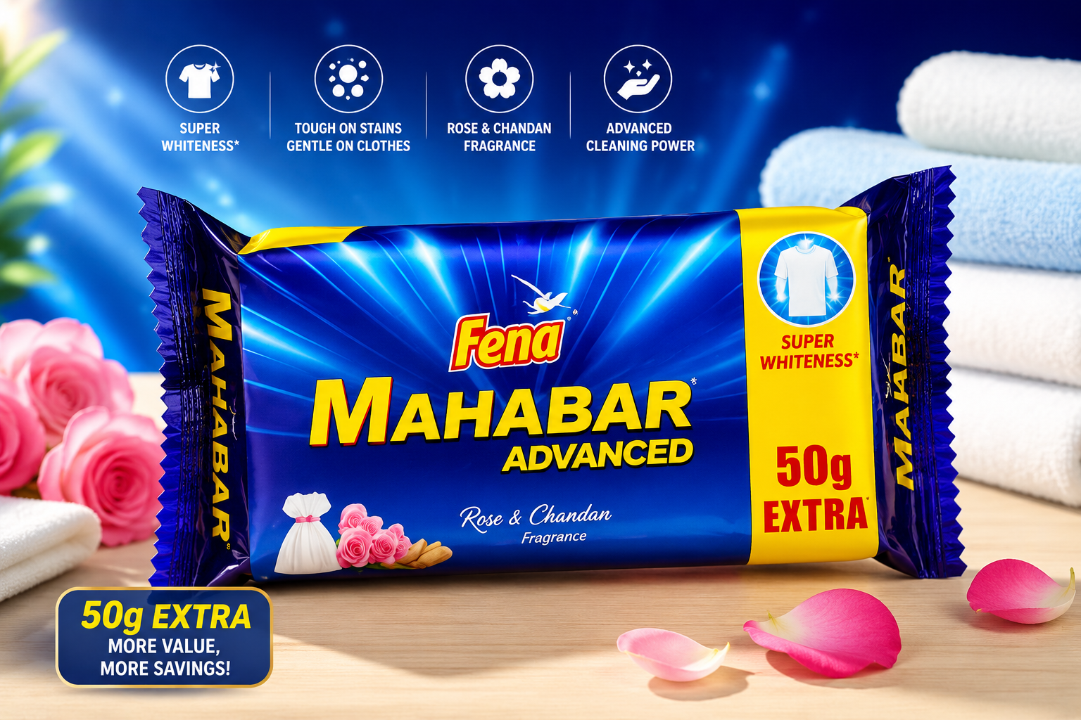Fena Mahabar Advanced Detergent Bar - Rose & Chandan Fragrance, 50g Extra