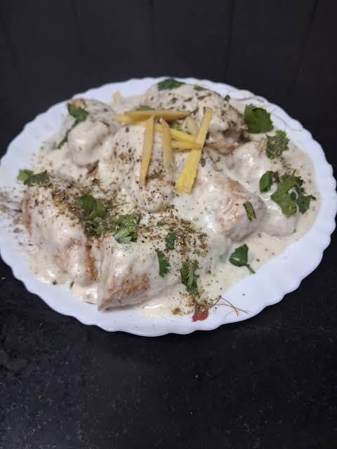 Malai Chaap served with creamy sauce, coriander and ginger