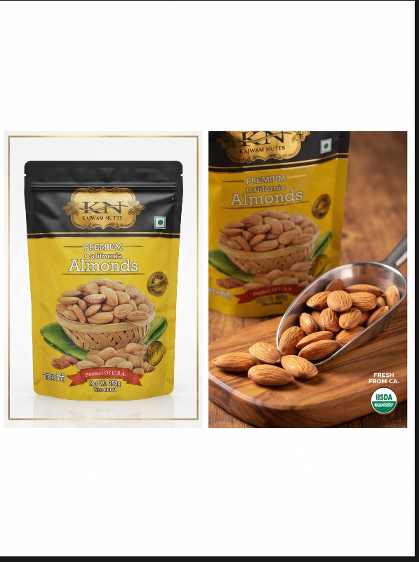 KN Kajwam Nutts Premium California Almonds - Pack and Bowl
