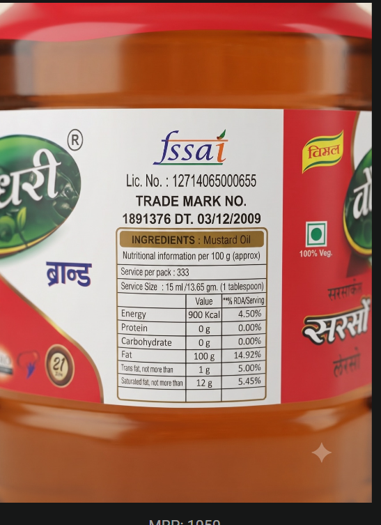 Chaudhary Sarson Tel nutritional info label