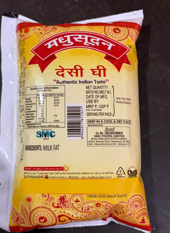 Madhusudan Desi Ghee nutritional info back label