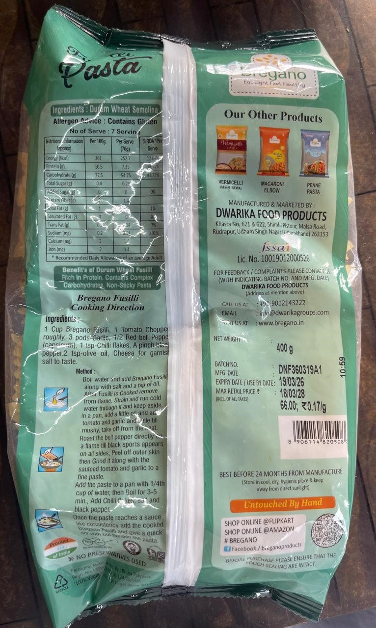 Bregano Fusilli Pasta 400g Code 5001