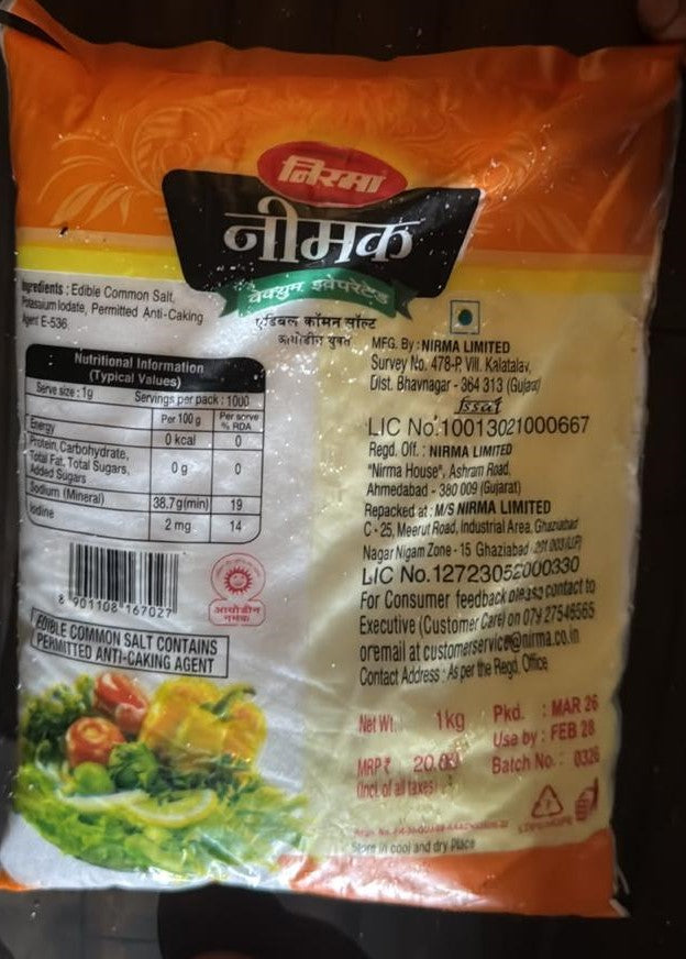 Nirma Neemak Vacuum Evaporated Iodised Salt 1kg Code5001