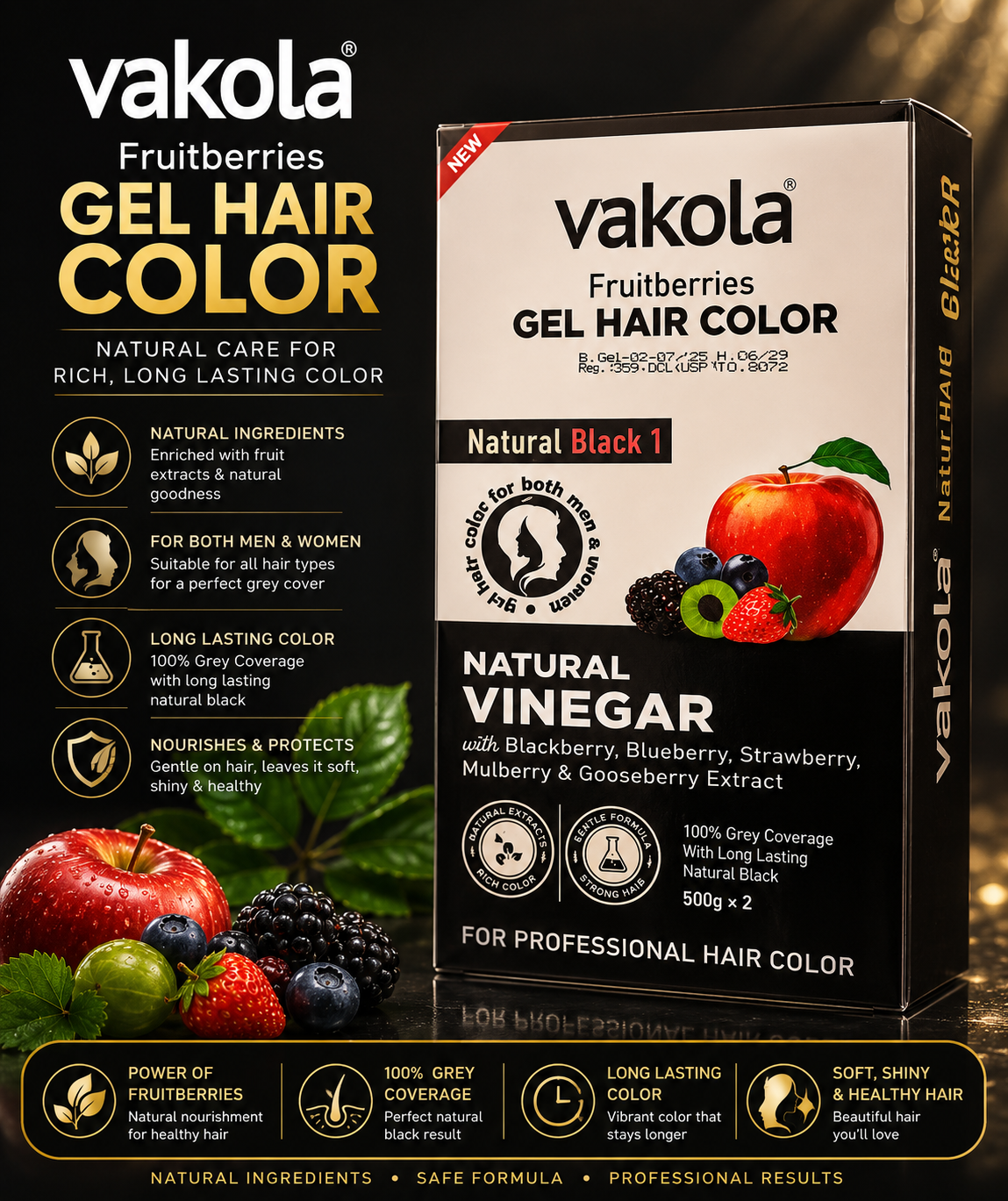 Vakola Fruitberries Gel Hair Color Natural Black 1 - Natural Vinegar Formula 1kg Code 5002
