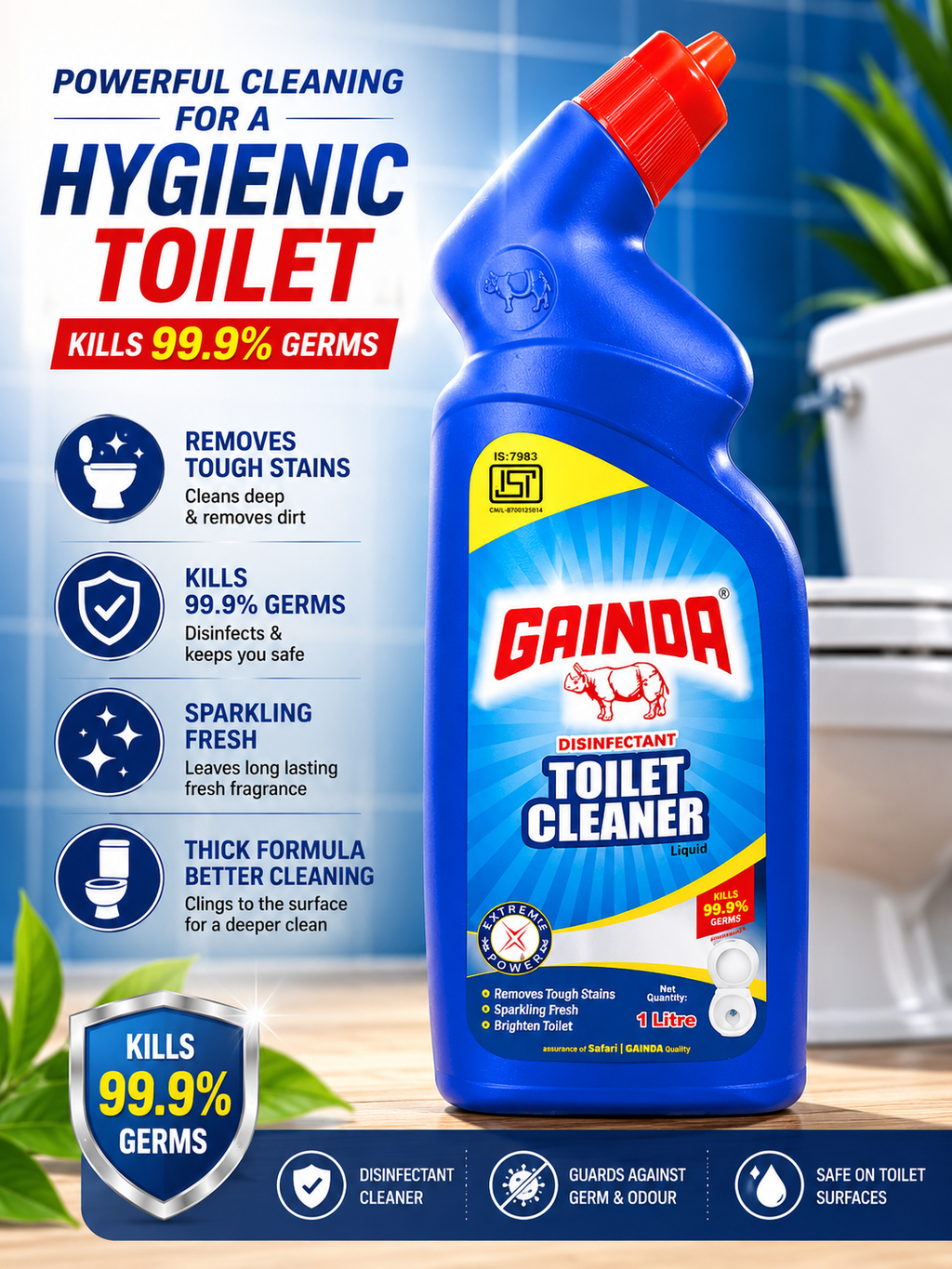 Gainda Disinfectant Toilet Cleaner Liquid - Kills 99.9% Germs, 1 Litre