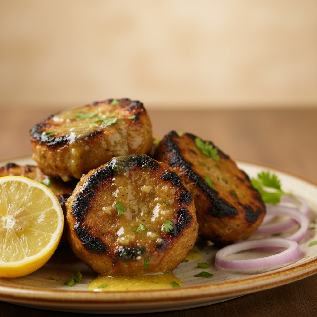 Close-up of grilled Lemon Chaap in lemon herb coating