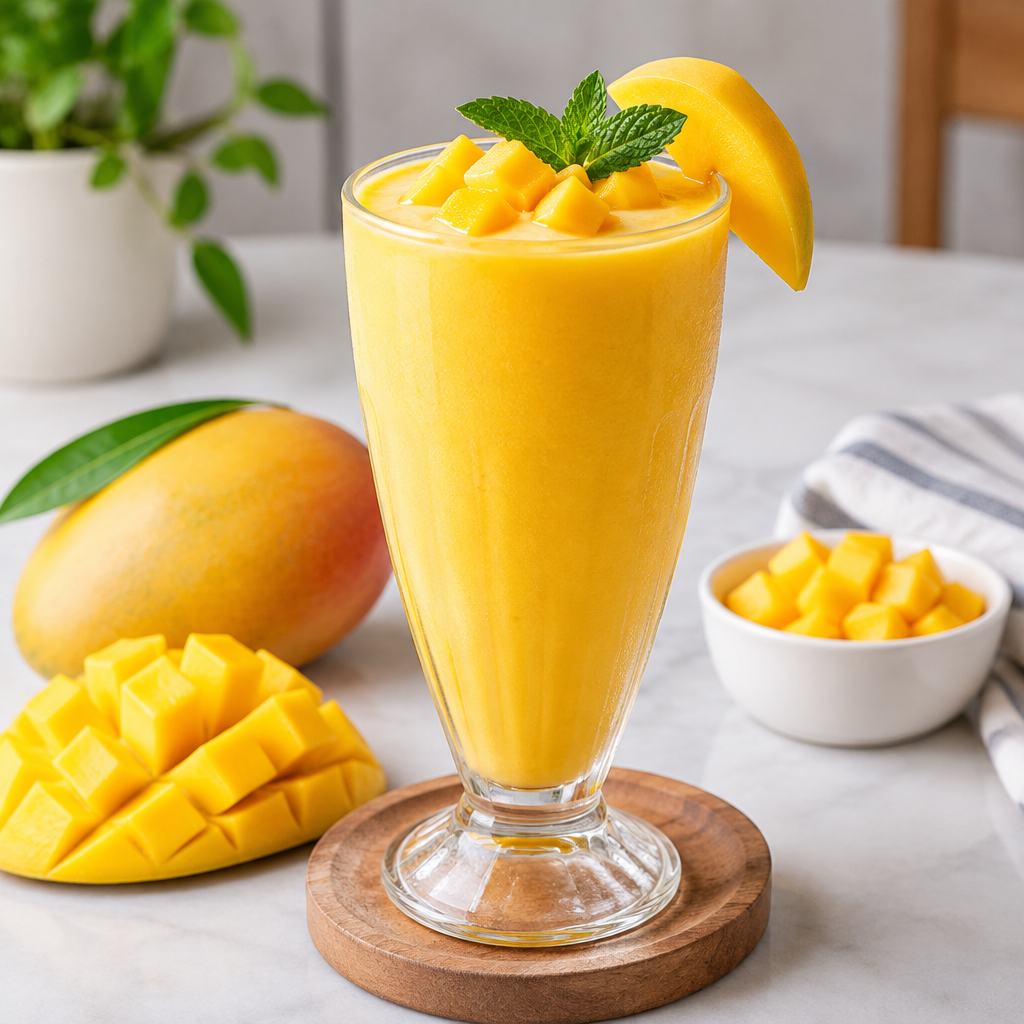 Golden mango shake with fresh mango