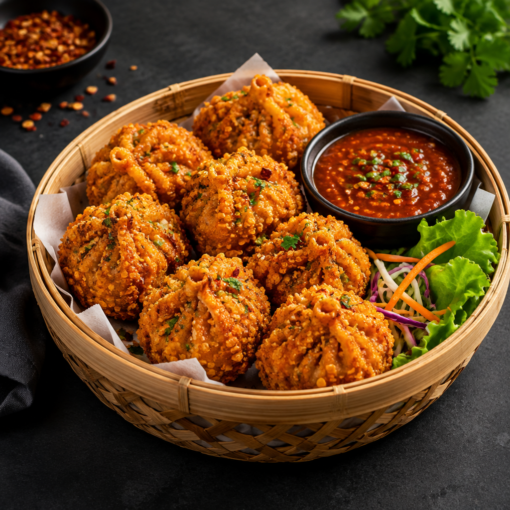 Golden coated Kurkure Momos in a basket