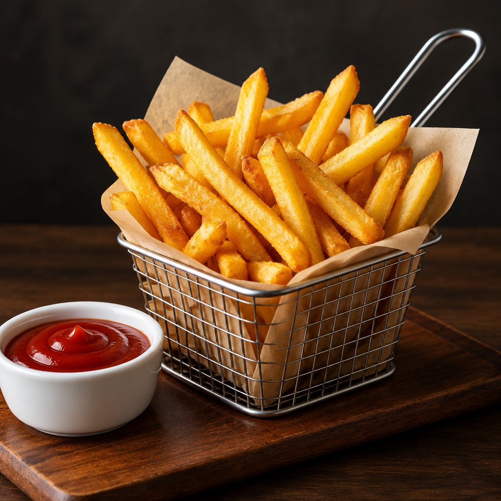 Golden crispy French fries served hot