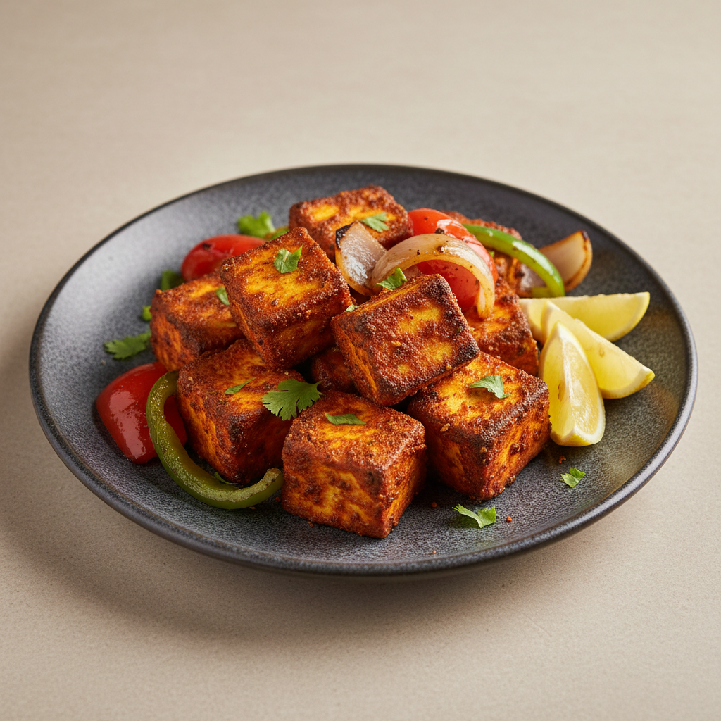 Dry Paneer Tikka with roasted capsicum, onion, coriander and lemon