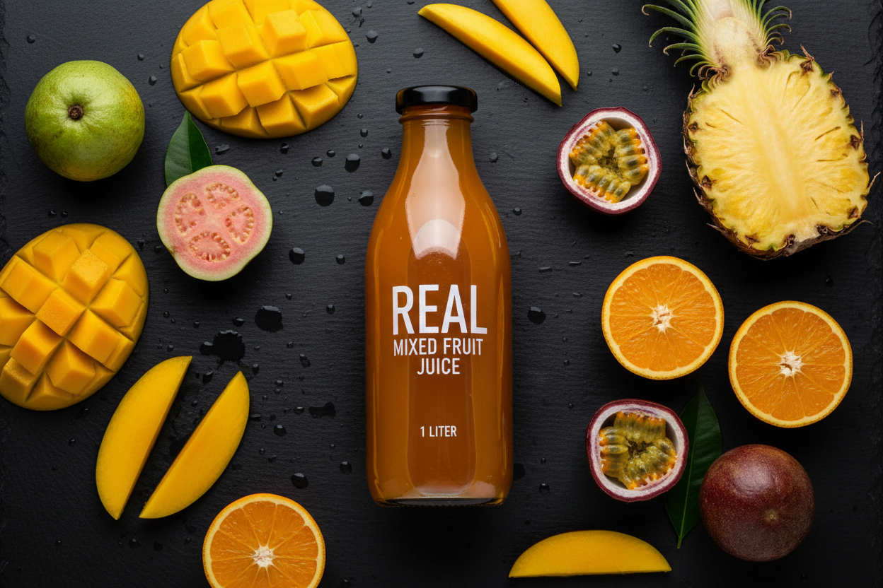 Real Mixed Fruit Juice 1Ltr - Lifestyle Flat Lay