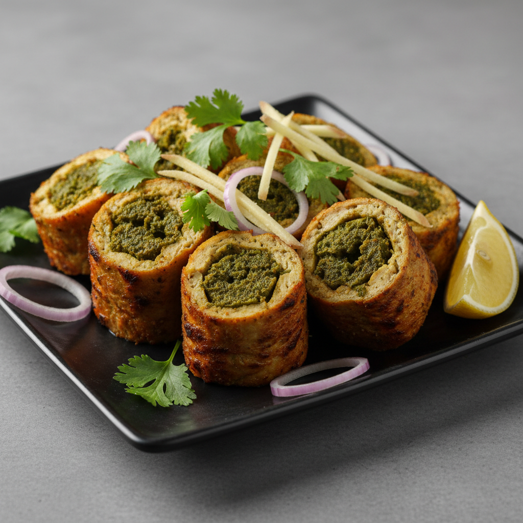 Stuffed Chaap rolls with savoury herb stuffing, coriander, lemon and onion