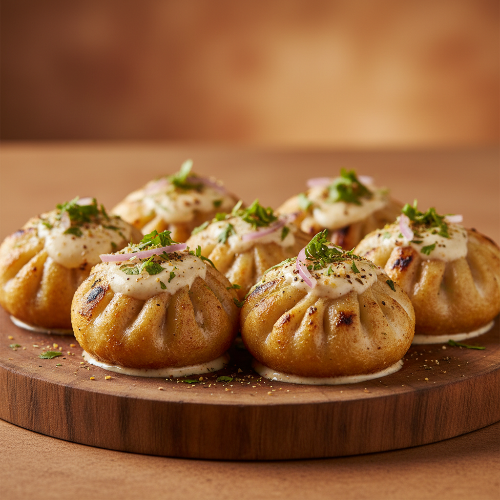 Close-up of six grilled Tandoori Malai Momos with creamy tandoori coating