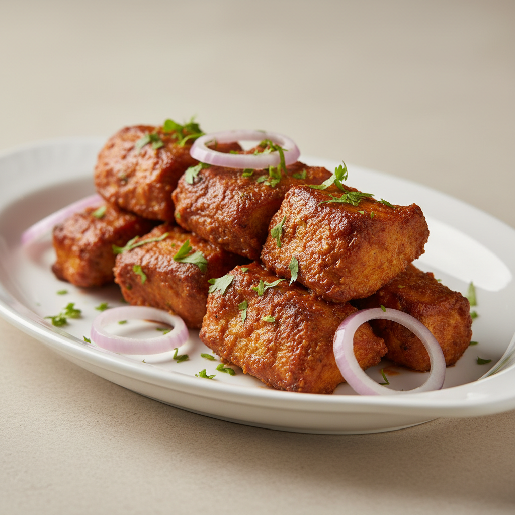Close-up of spicy Masala Chaap in rich masala glaze