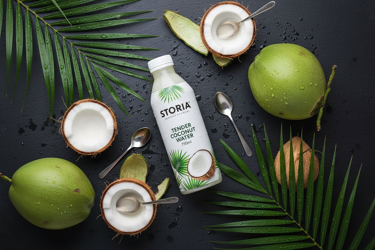 Storia Tender Coconut Water 750ml - Lifestyle Flat Lay