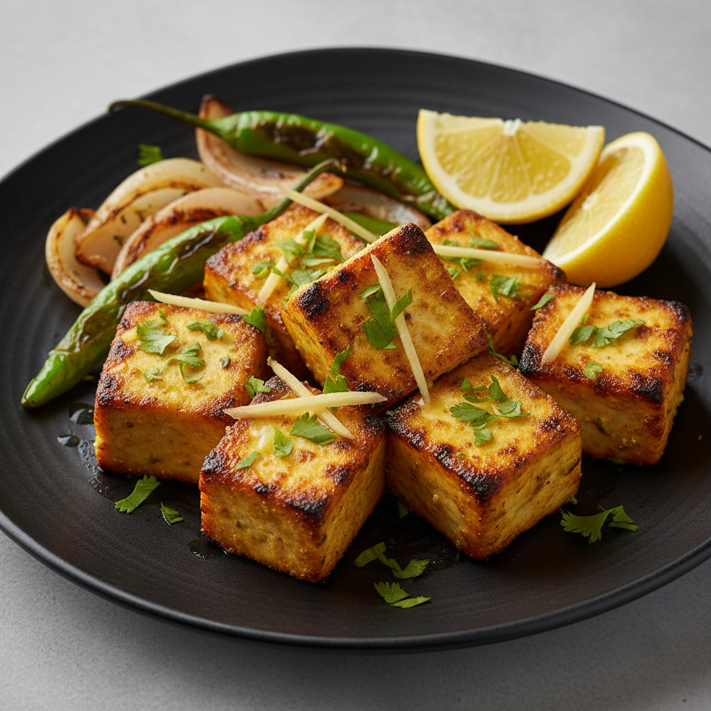 Lemon Paneer Tikka with lemon wedges, coriander, onion and green chili