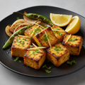 Lemon Paneer Tikka with lemon wedges, coriander, onion and green chili