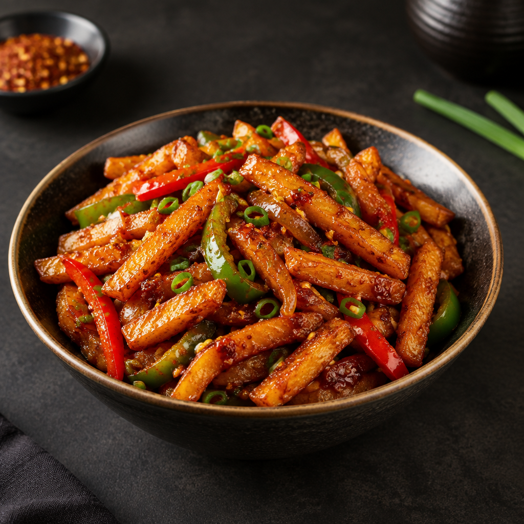 Chilli Potato with peppers and spring onion