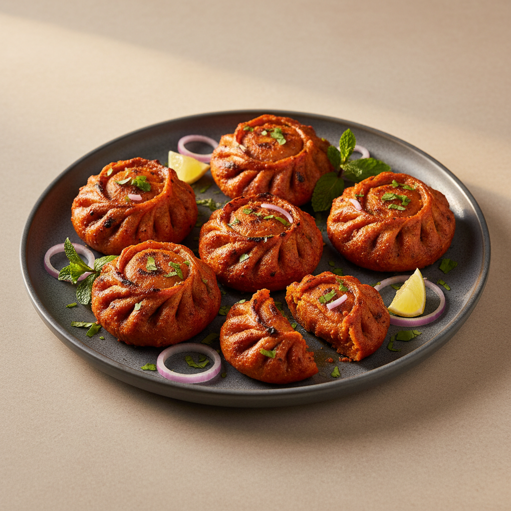 Six Tandoori Masala Momos with red-orange tandoori coating, coriander, onion and lemon