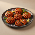 Six Tandoori Masala Momos with red-orange tandoori coating, coriander, onion and lemon