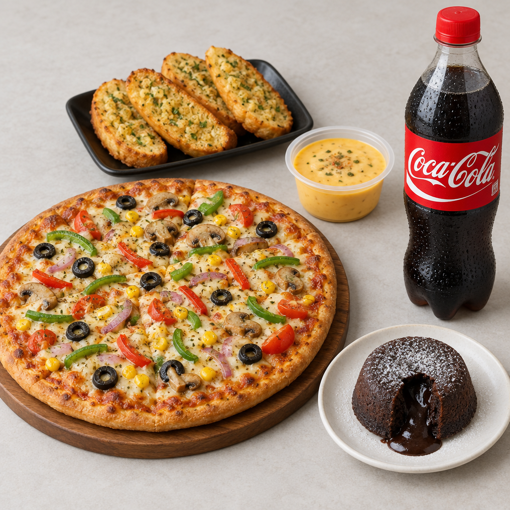 Medium pizza, garlic bread, cheesy dip, chocolate lava cake and Coca-Cola