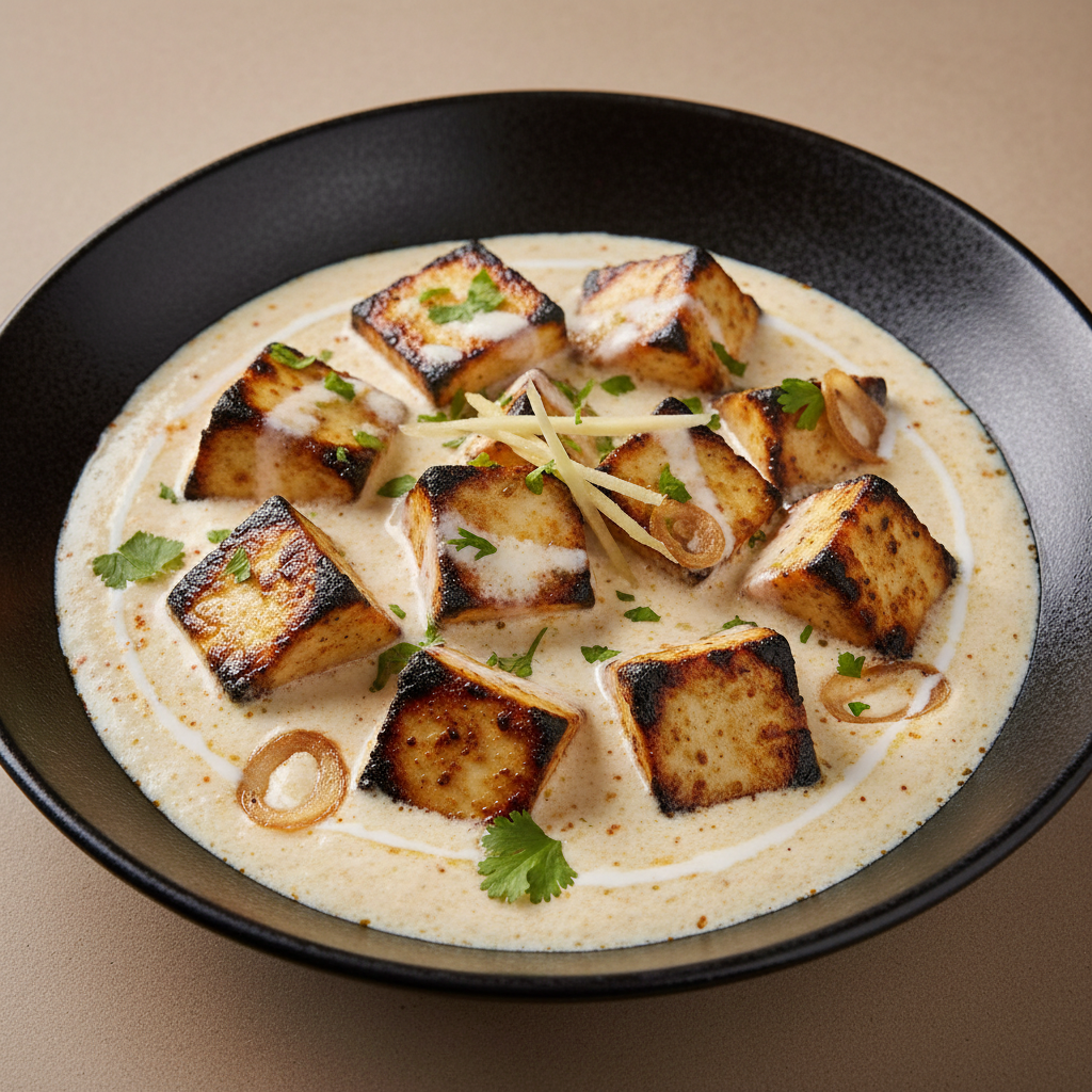 Creamy Paneer Tikka with malai sauce, coriander, ginger and onion