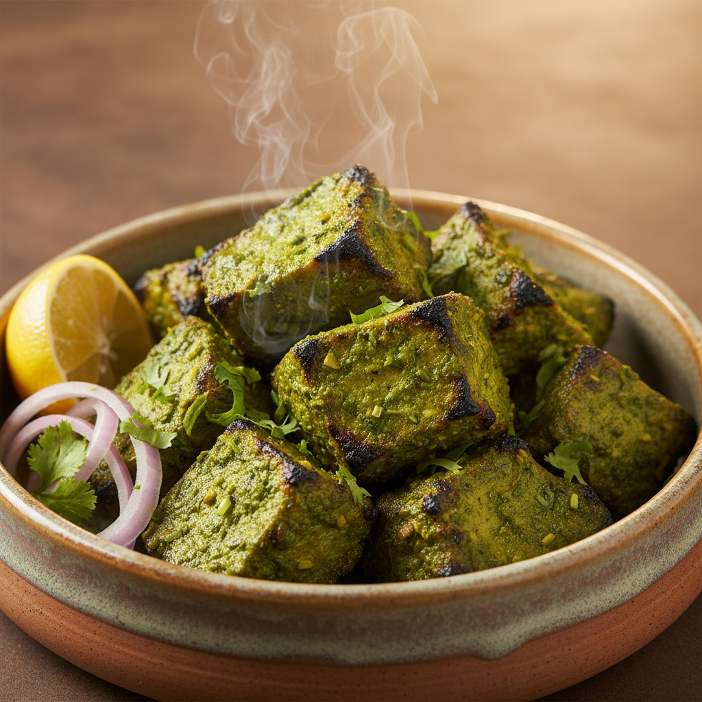 Close-up of smoky Hariyali Chaap in green herb marinade