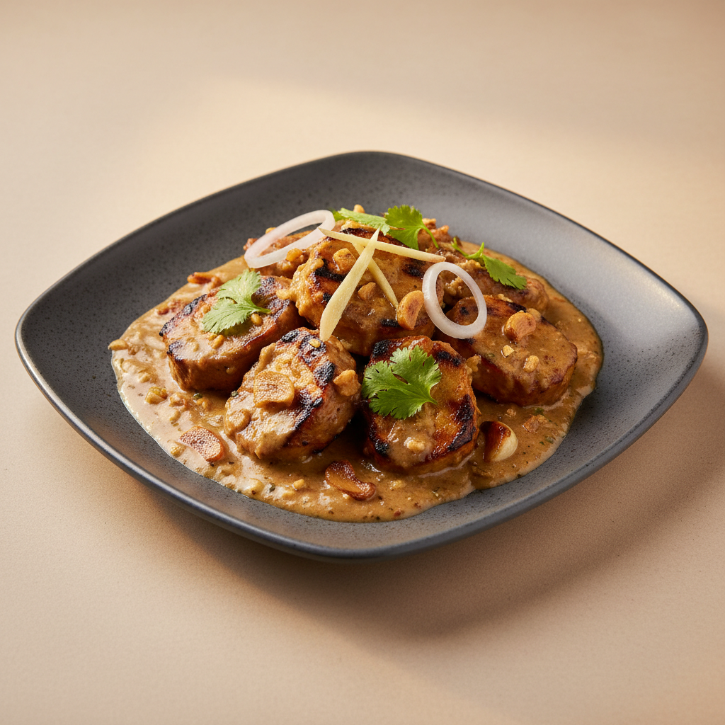 Garlic Chaap in creamy roasted garlic sauce with coriander and onion
