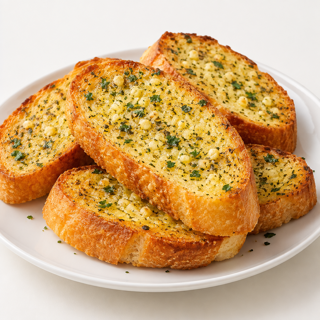 Golden garlic bread slices with herbs