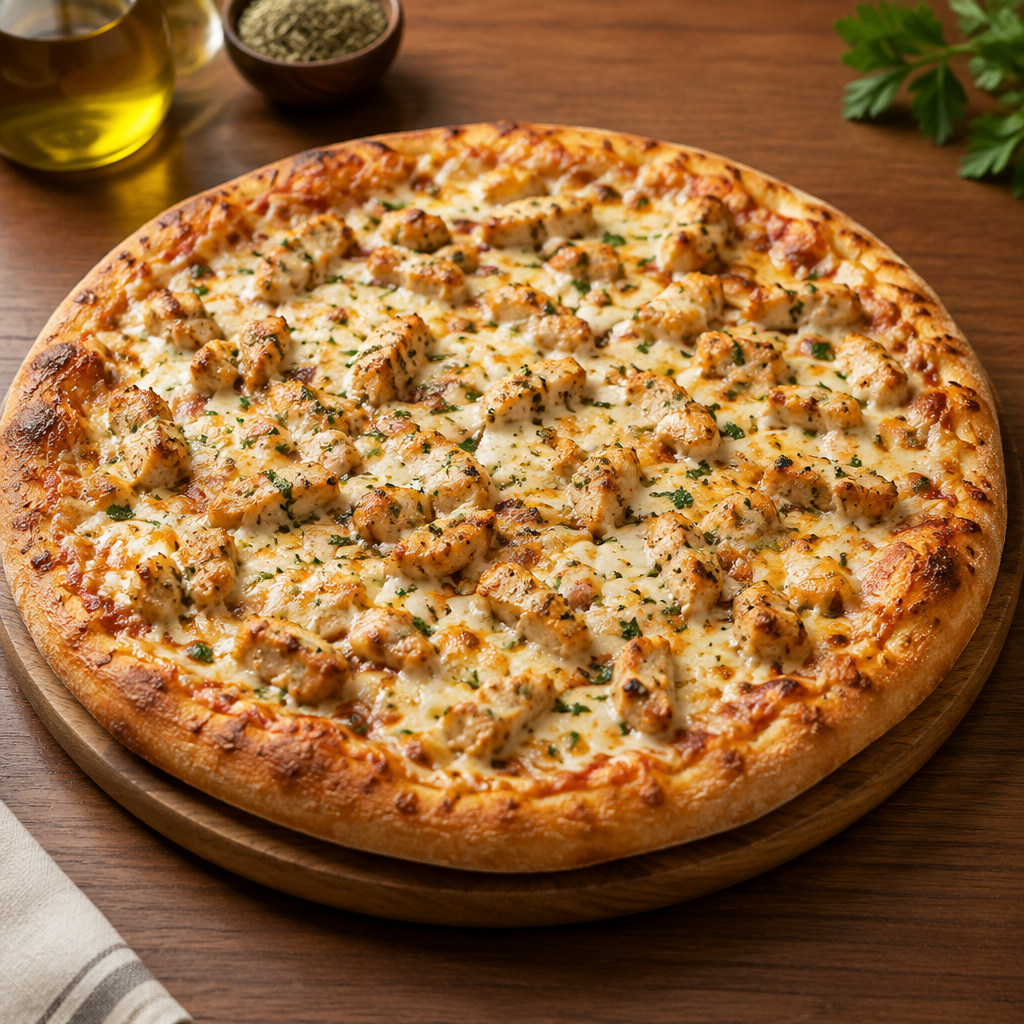 Chicken pizza with cheese and herbs