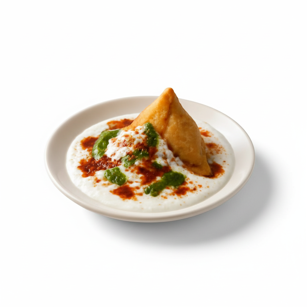 Dahi Samosa with yogurt and chutney 1 piece