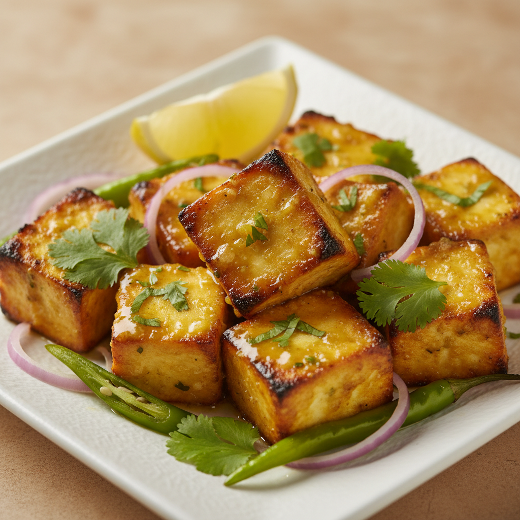 Close-up of smoky Paneer Tikka Lemon with lemon herb coating