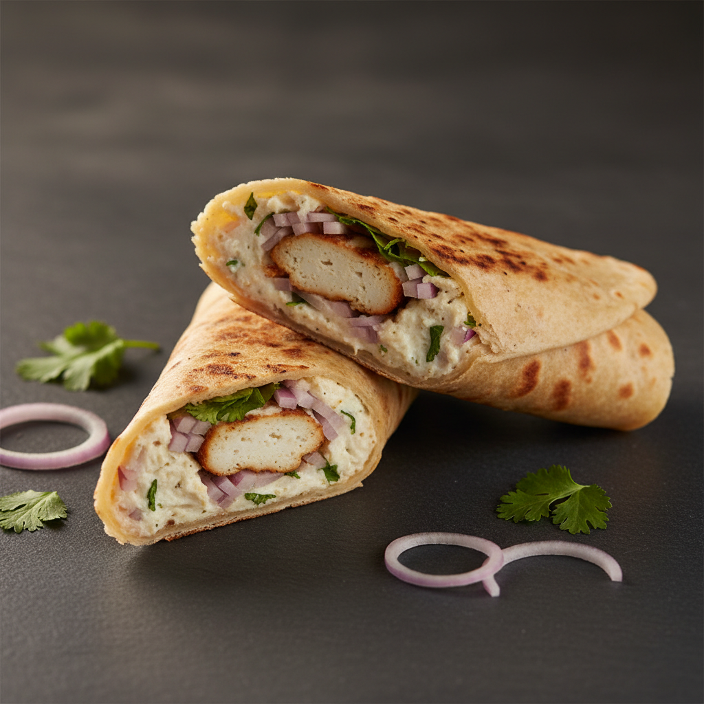 Malai Chaap Roll with onions and herbs