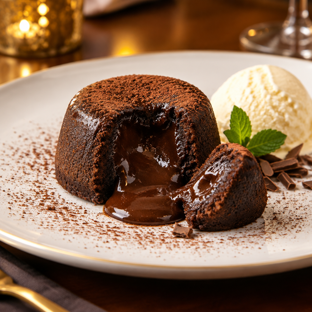 Chocolate cake with flowing molten chocolate