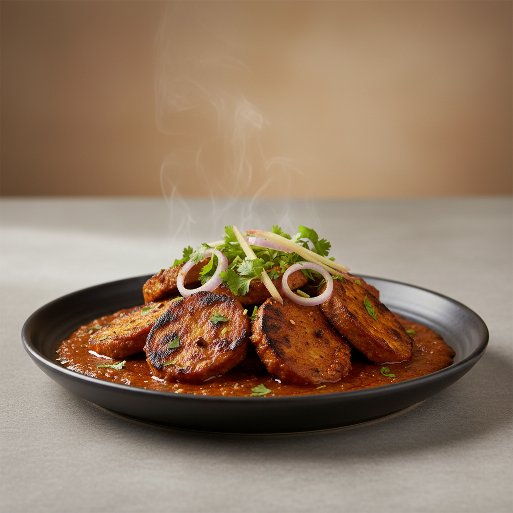 Rogan Gravy Chaap in rich red rogan-style gravy with coriander and ginger