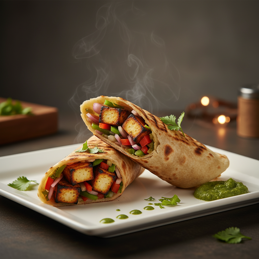 Paneer Tikka Roll with grilled paneer and peppers