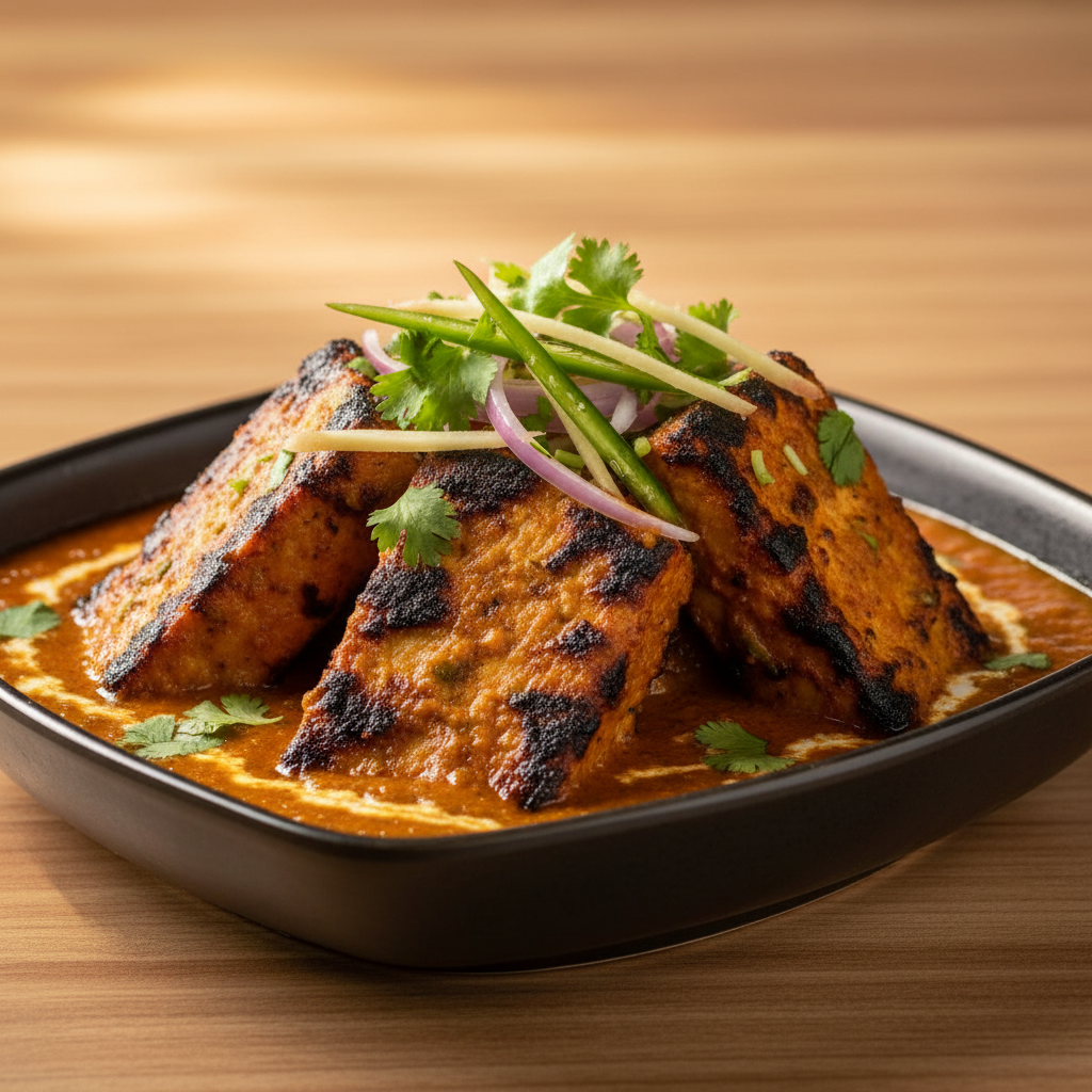 Close-up of smoky Punjabi Gravy Chaap in creamy Punjabi masala gravy