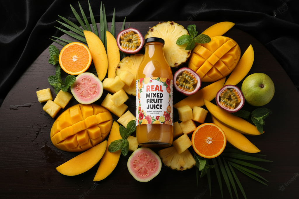 Real Mixed Fruit Juice 1Ltr - Lifestyle Flat Lay