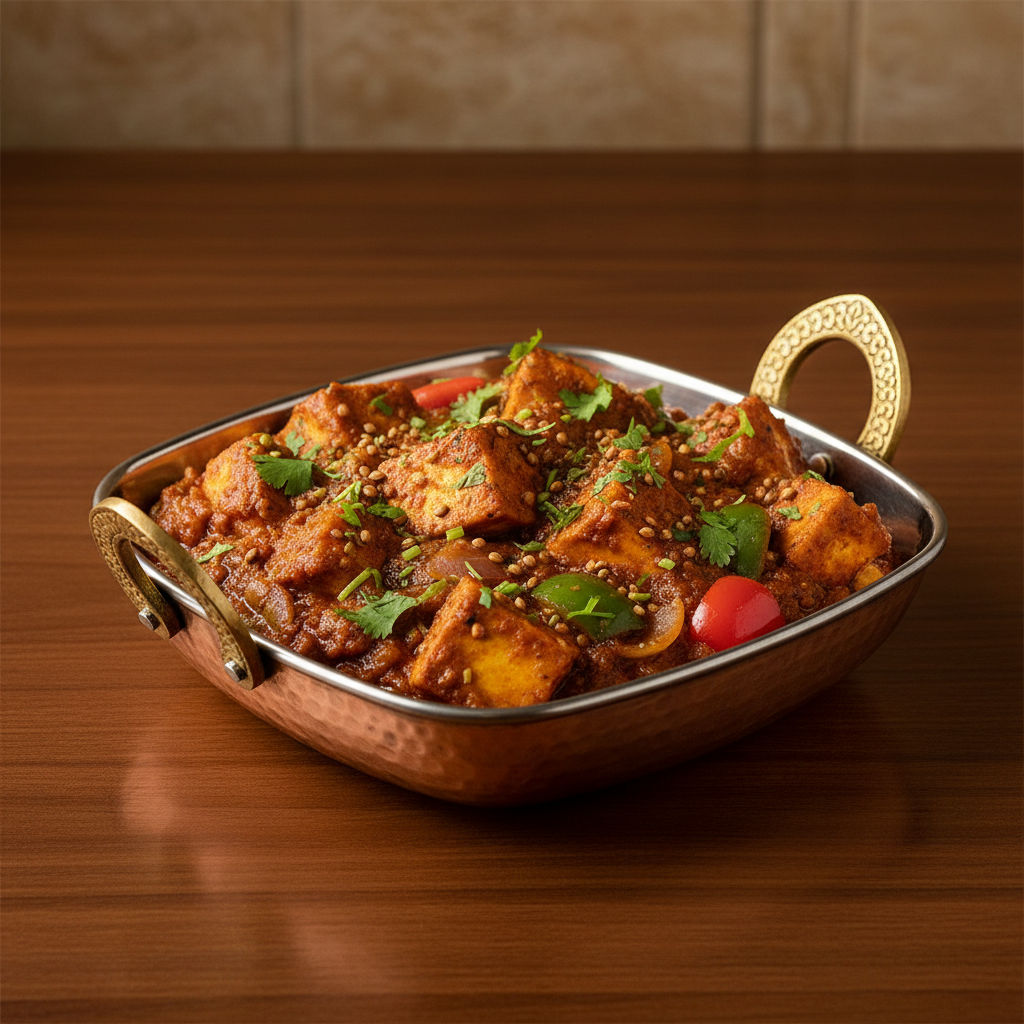 Kadhai Paneer served in rich kadhai masala