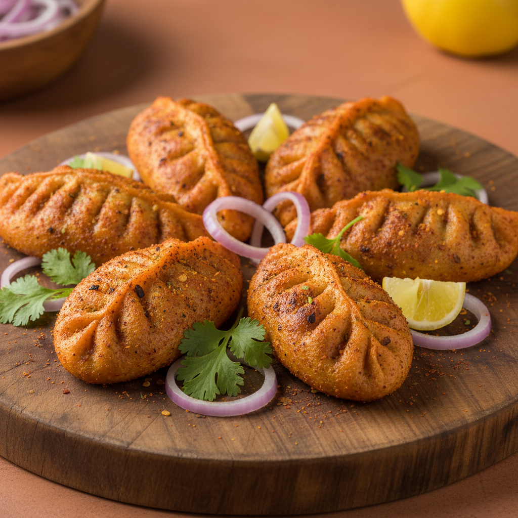 Close-up of six grilled Tandoori Masala Momos with bold masala coating