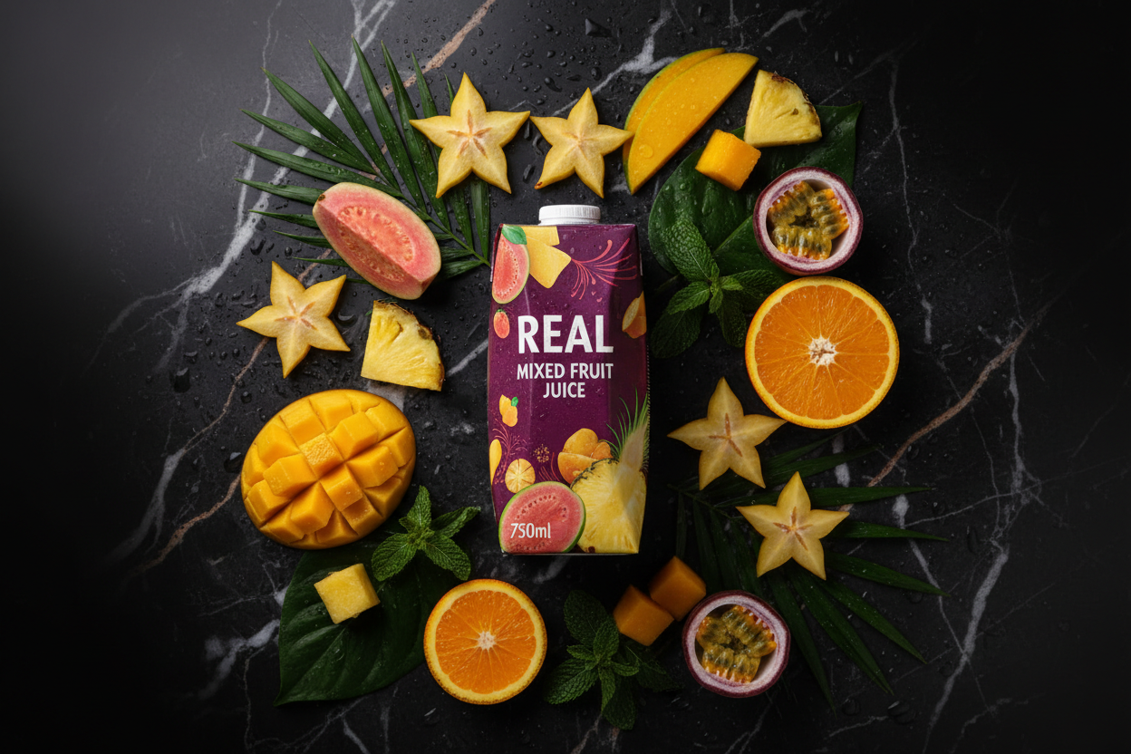 Real Mixed Fruit Juice 750ml - Dark Lifestyle Flat Lay