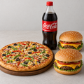 Medium pizza, two cheese burgers and Coca-Cola bottle
