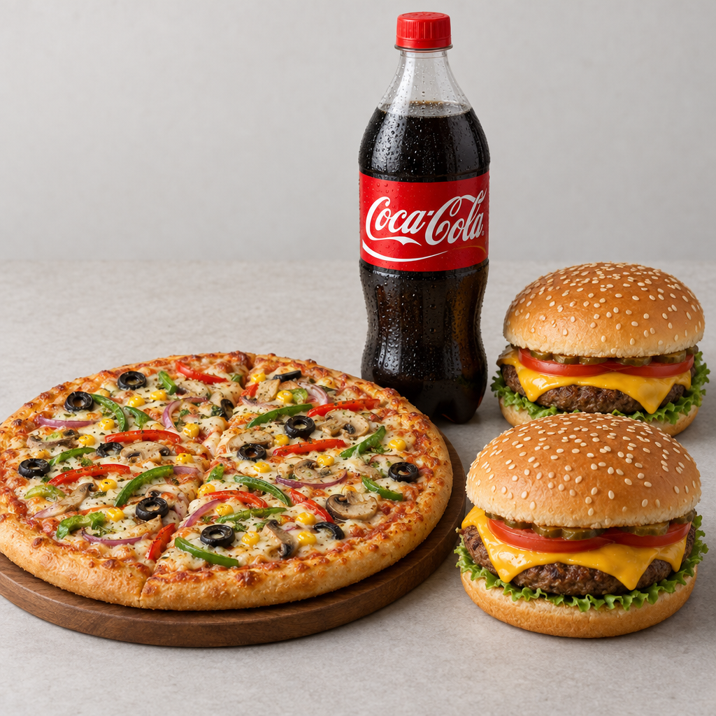 Medium pizza, two cheese burgers and Coca-Cola bottle