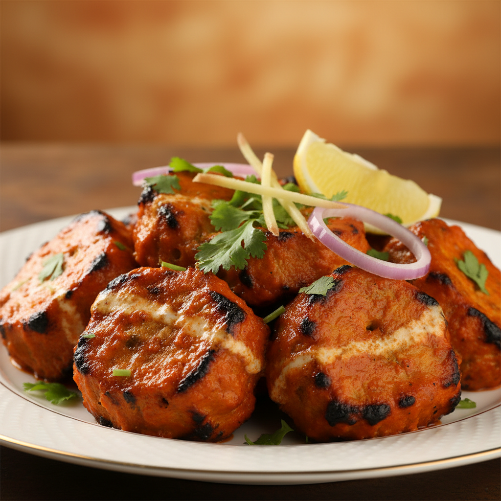 Close-up of premium smoky grilled chaap with rich glaze and fresh garnishes