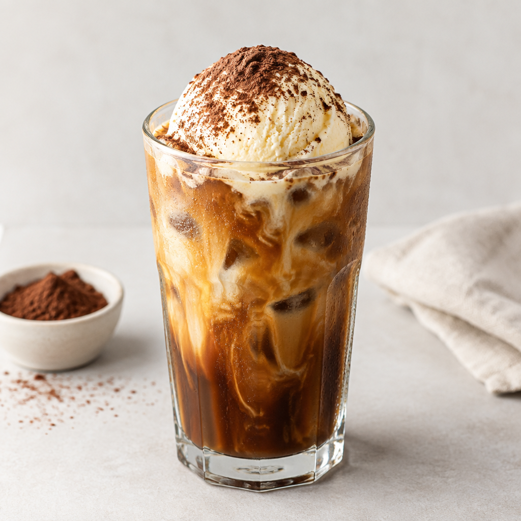 Creamy iced coffee with ice cream topping