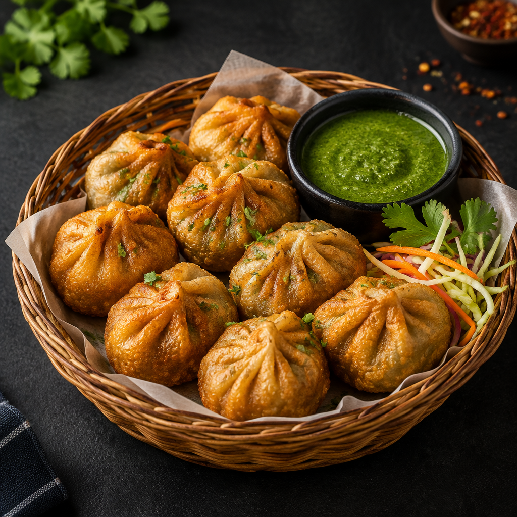 Golden fried momos served in a basket