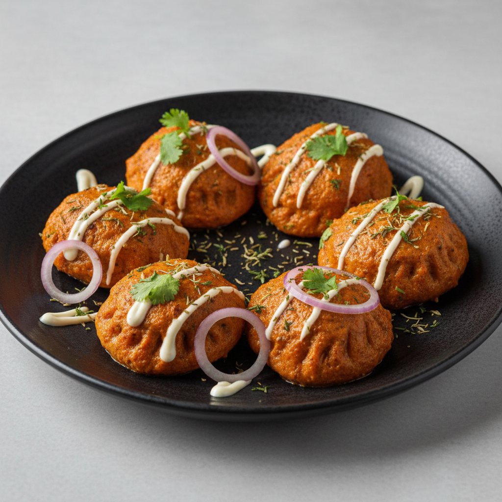 Six Tandoori Malai Momos with creamy malai seasoning, coriander and onion